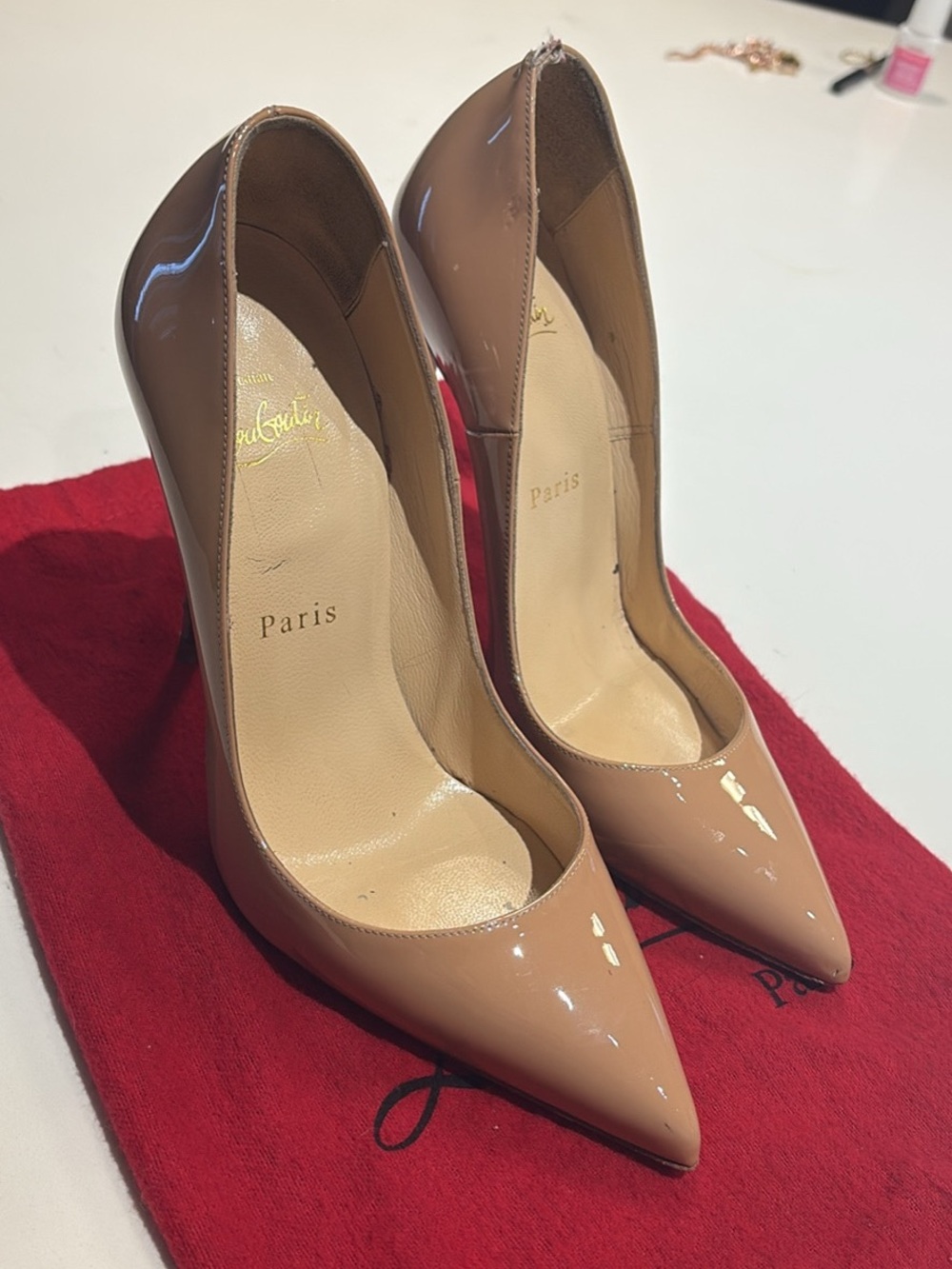 Christian Louboutin Patent Nude Pointed-Toe Pumps so Kate